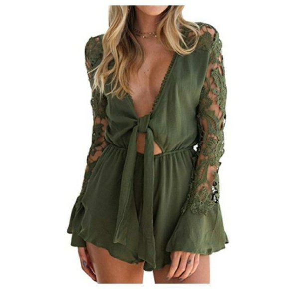 Pants - 🌸SEXY LACE TRIM LONG-SLEEVE JUMPSUIT ROMPER